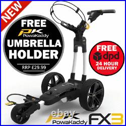 Powakaddy 2022 Fx3 36 Hole Lithium Golf Trolley White +free Umbrella Holder